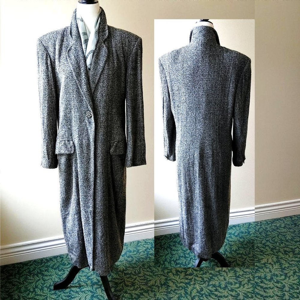 CASSINI Long Coat Grey Black Lightweight Notched Lapel Pockets Fully Lined Sz 38